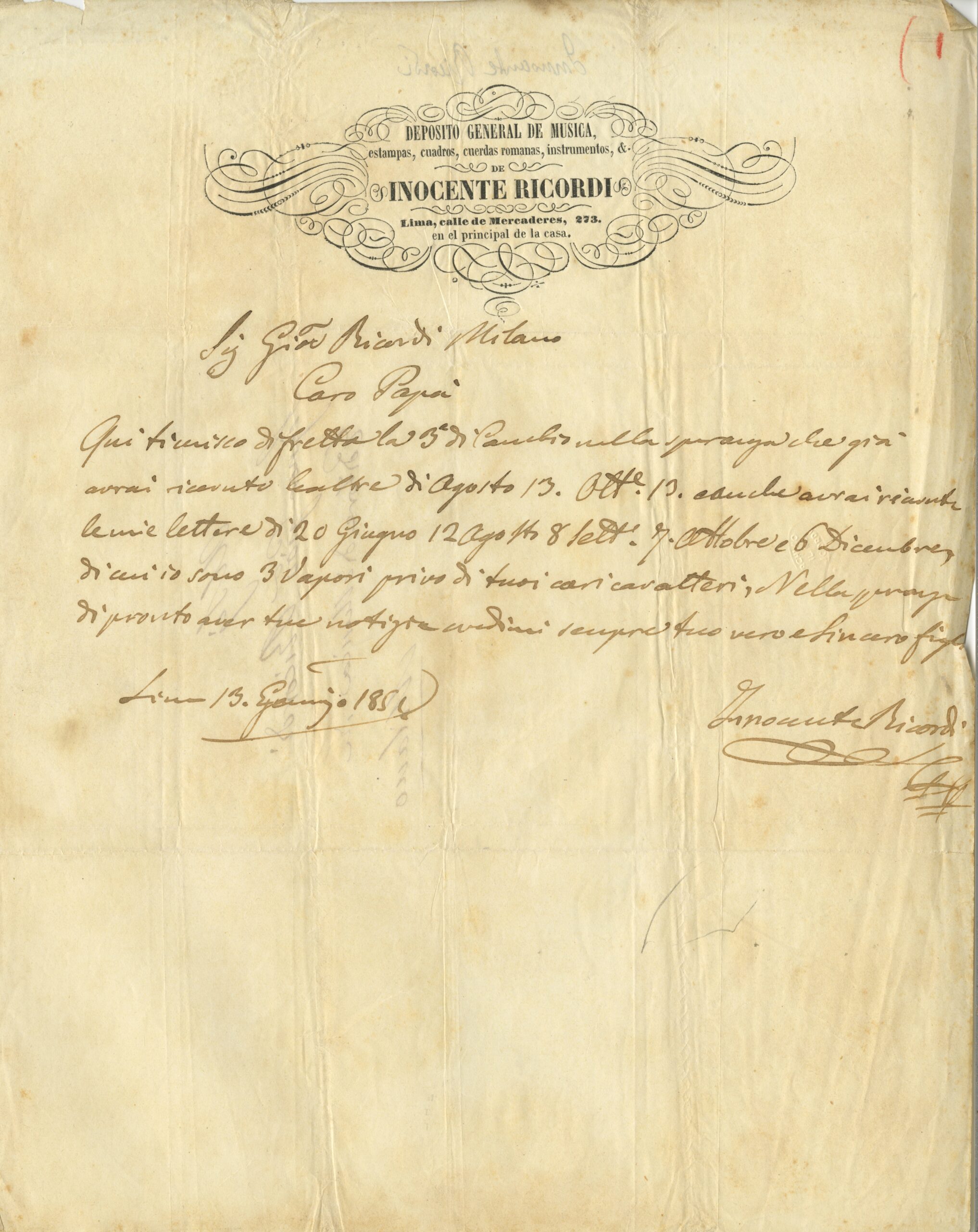 Lettera di Innocente Ricordi al padre Giovanni, Lima, 13 gennaio 1851