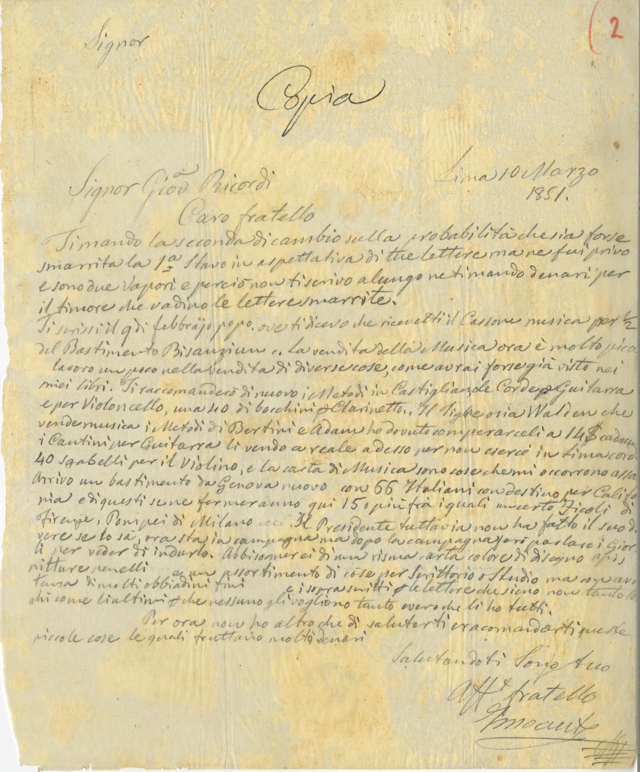 Copia di una lettera di Innocente Ricordi al fratello Tito, Lima, 10 marzo 1851